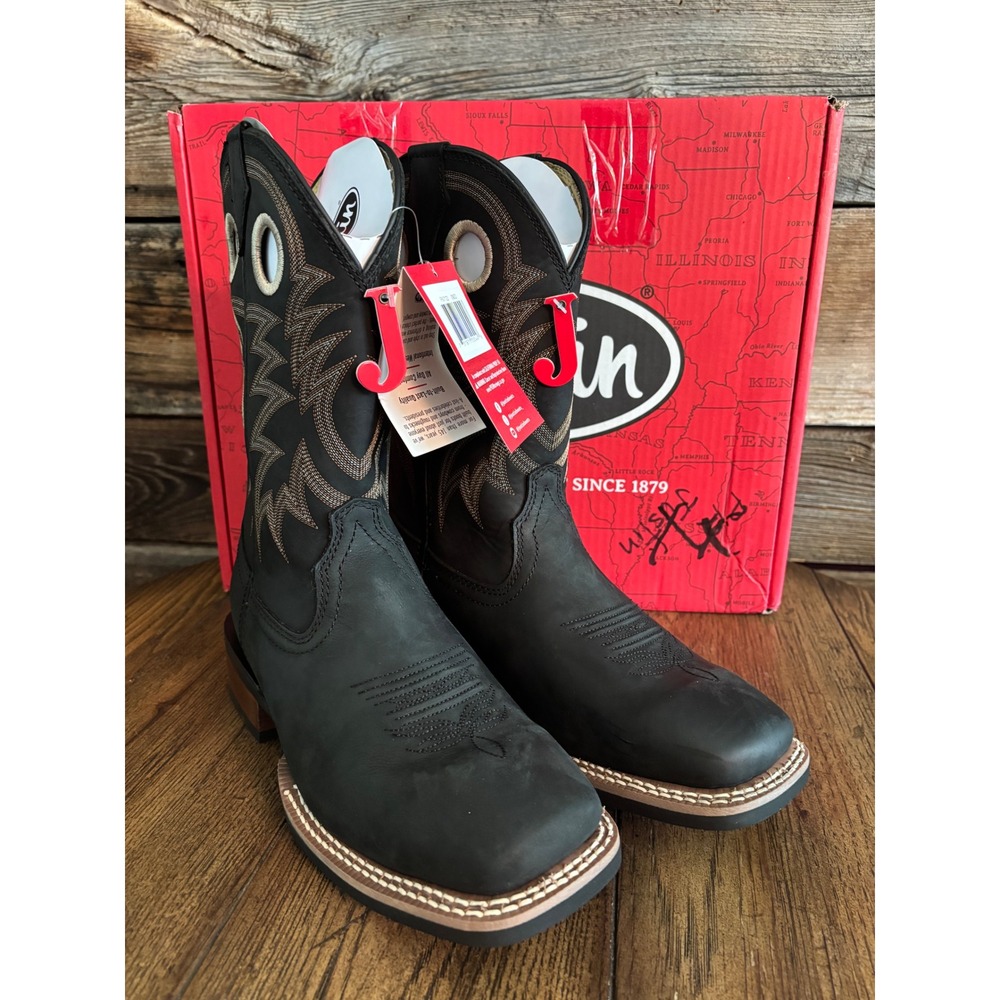 Justin Show Stopper Black Cowhide Western Boots FN7122 Wide Square Toe Mens 9 D